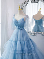 Blue v neck tulle long Evening Prom Dress, blue tulle Evening Dress
