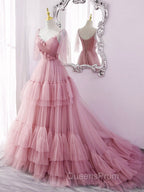 Blue v neck tulle long Evening Prom Dress, blue tulle Evening Dress