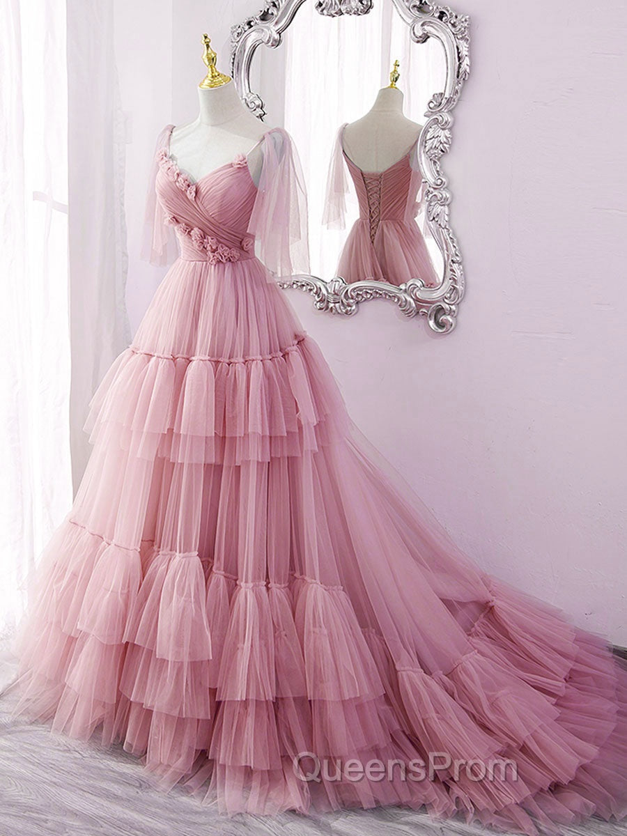 Blue v neck tulle long Evening Prom Dress, blue tulle Evening Dress