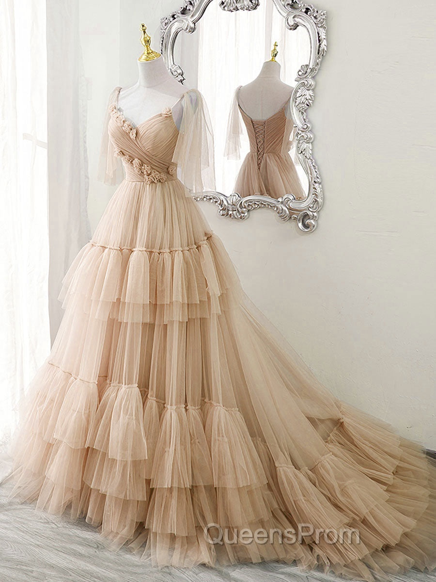 Blue v neck tulle long Evening Prom Dress, blue tulle Evening Dress