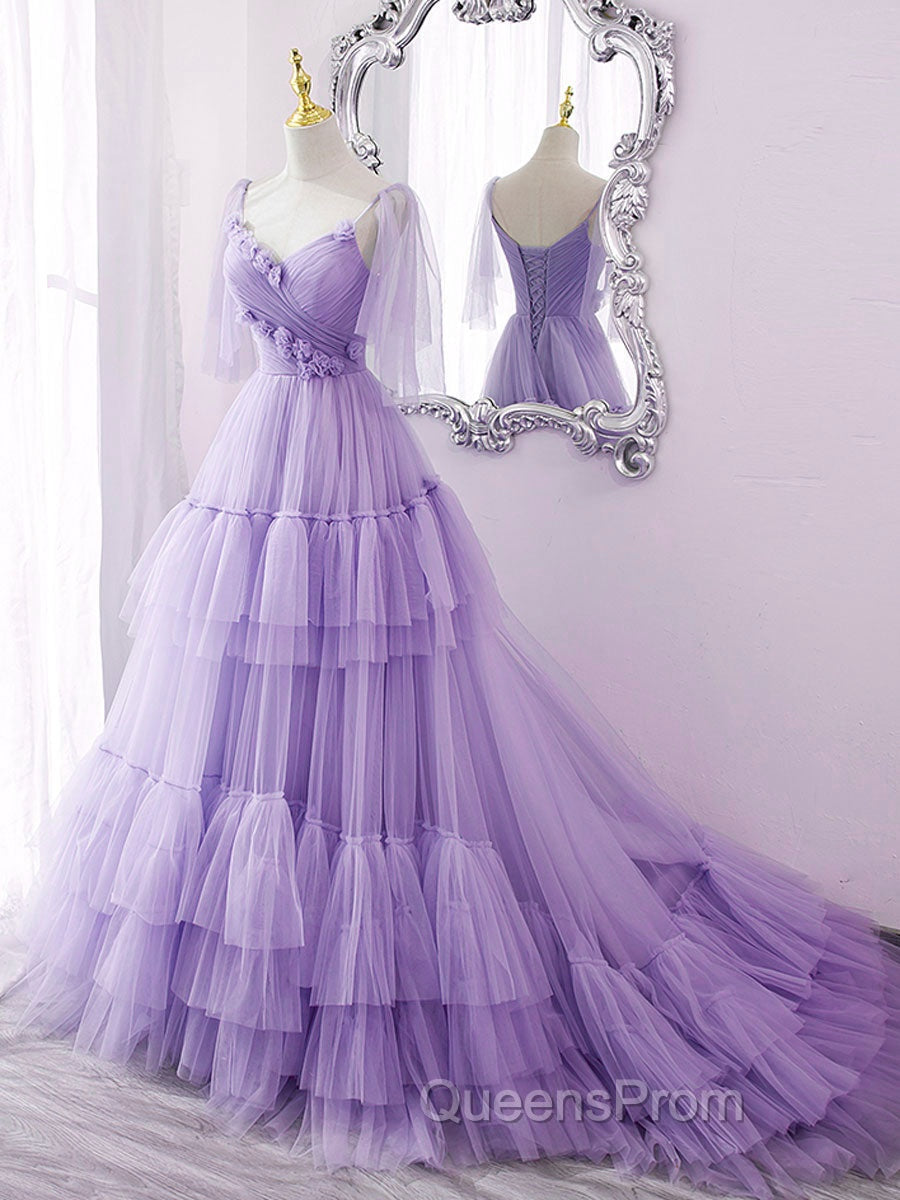 Blue v neck tulle long Evening Prom Dress, blue tulle Evening Dress