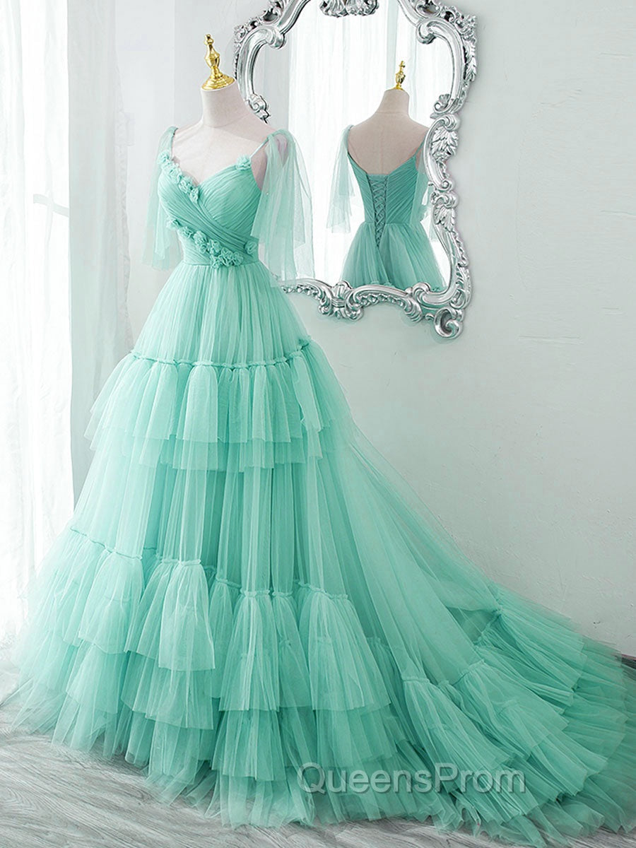 Blue v neck tulle long Evening Prom Dress, blue tulle Evening Dress