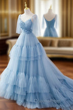 Blue v neck tulle long Evening Prom Dress, blue tulle Evening Dress