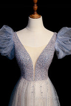 Blue V-Neck Tulle Long Evening Prom Dress with Beaded, Elegant A-Line Evening Dress