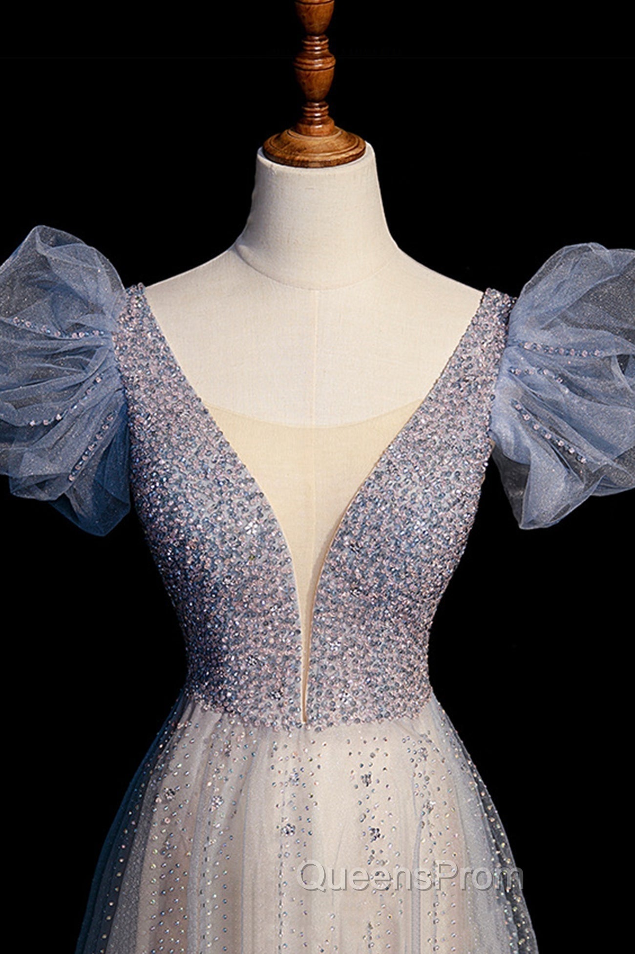 Blue V-Neck Tulle Long Evening Prom Dress with Beaded, Elegant A-Line Evening Dress
