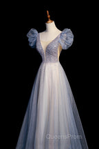 Blue V-Neck Tulle Long Evening Prom Dress with Beaded, Elegant A-Line Evening Dress