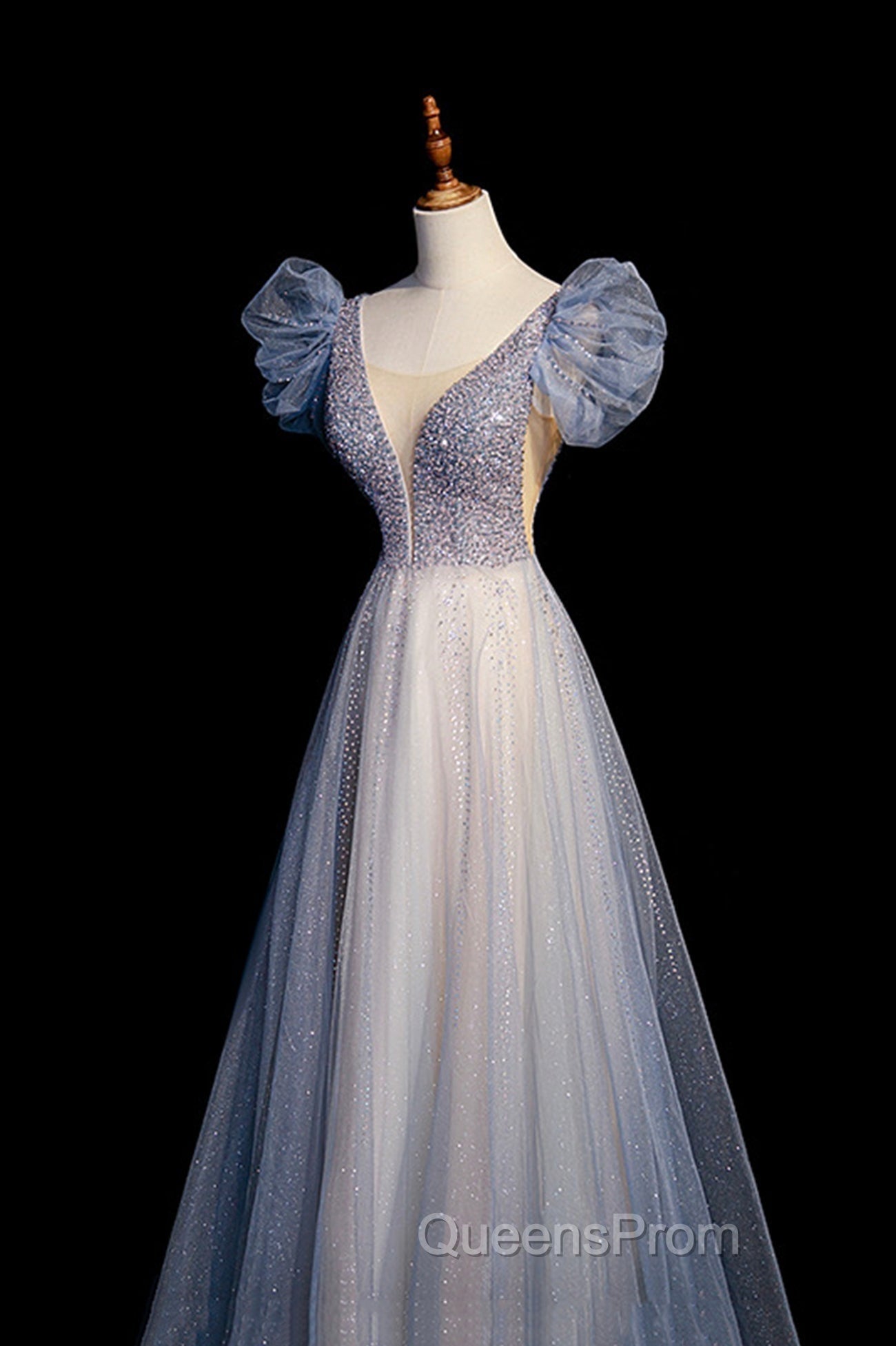 Blue V-Neck Tulle Long Evening Prom Dress with Beaded, Elegant A-Line Evening Dress