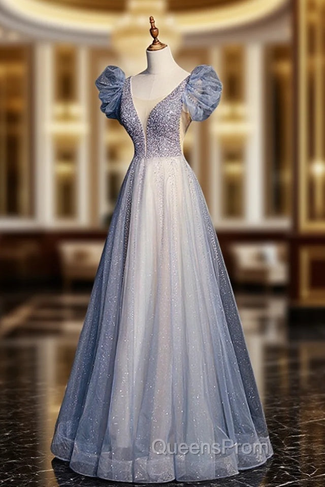 Blue V-Neck Tulle Long Evening Prom Dress with Beaded, Elegant A-Line Evening Dress Main image