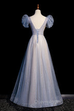 Blue V-Neck Tulle Long Evening Prom Dress with Beaded, Elegant A-Line Evening Dress