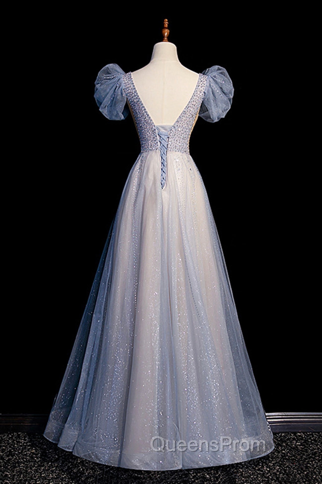 Blue V-Neck Tulle Long Evening Prom Dress with Beaded, Elegant A-Line Evening Dress