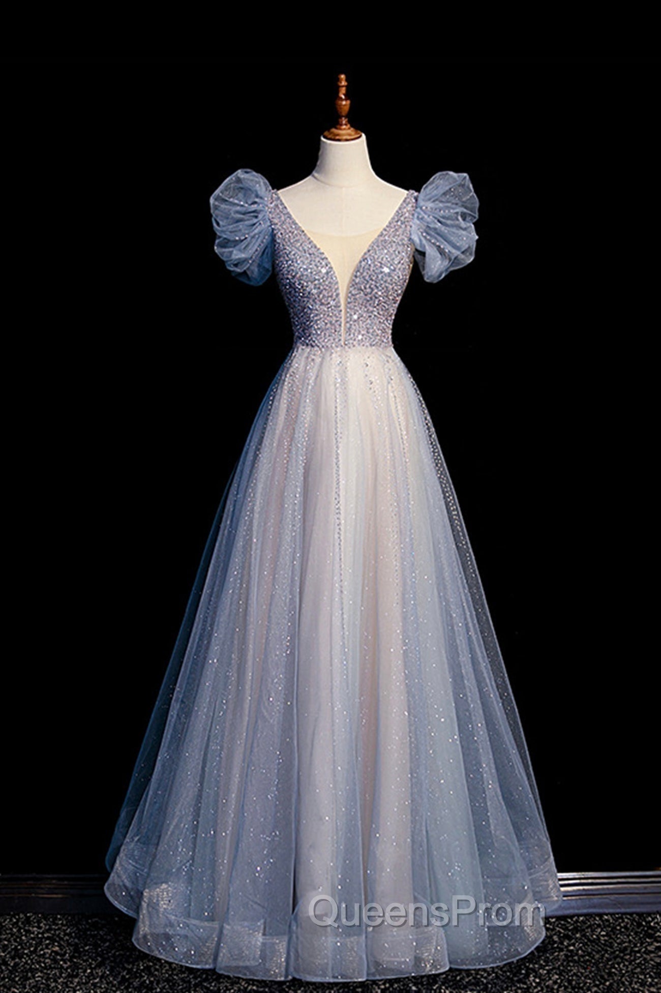 Blue V-Neck Tulle Long Evening Prom Dress with Beaded, Elegant A-Line Evening Dress