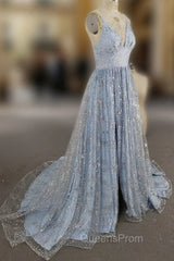 Blue V Neck Tulle Sequin Long Evening Prom Dress, Blue Aline Evening Graduation Dress