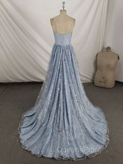 Blue V Neck Tulle Sequin Long Evening Prom Dress, Blue Aline Evening Graduation Dress