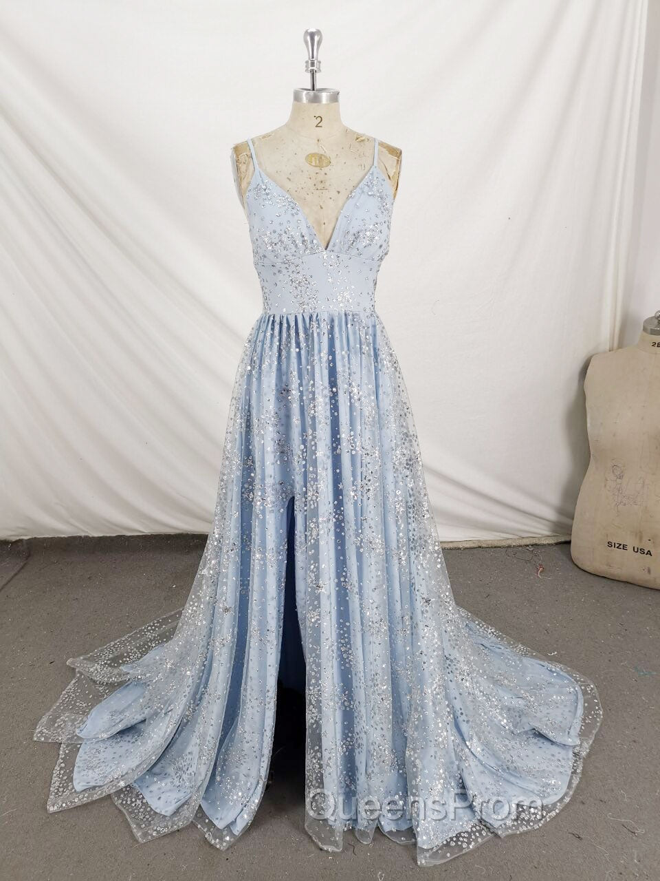 Blue V Neck Tulle Sequin Long Evening Prom Dress, Blue Aline Evening Graduation Dress Main image