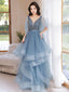 Blue V Neck Tulle Sequin Long Prom Dress, Blue Long Formal Dress