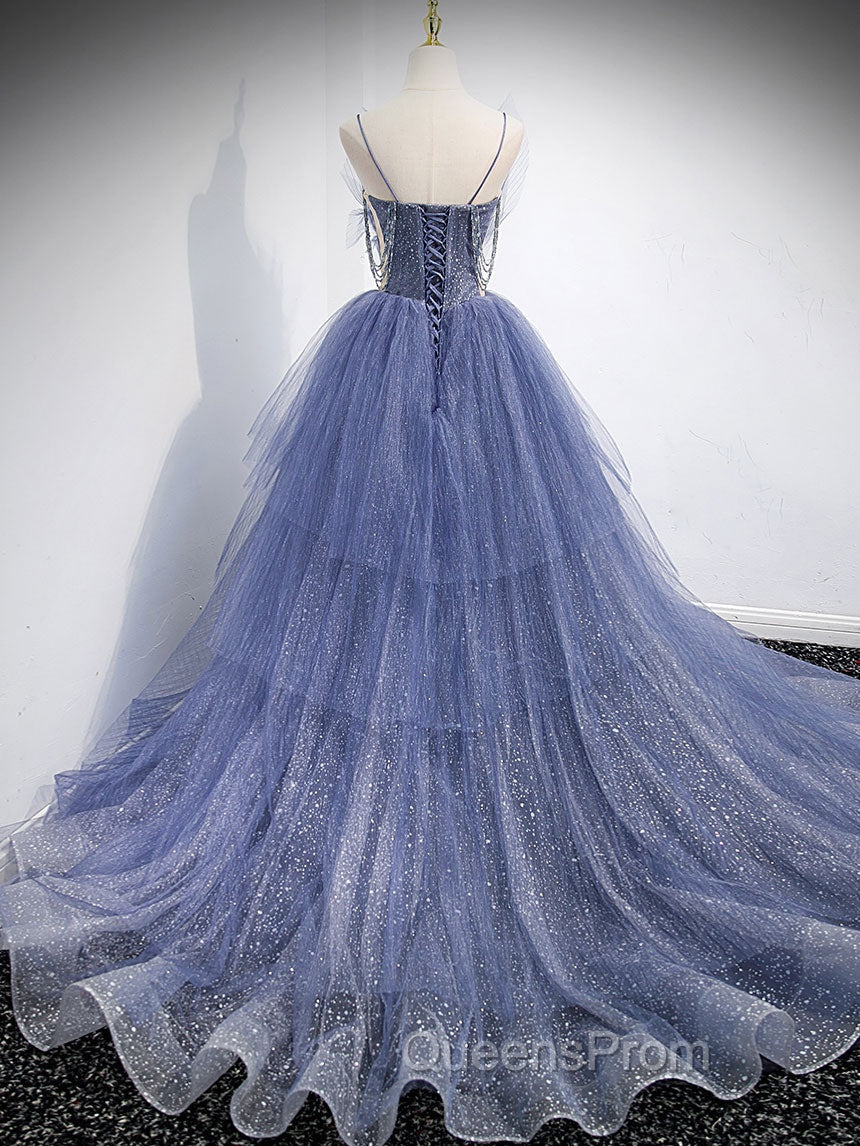 Blue V Neck Tulle Sequin Long Evening Prom Dress, Blue Tulle Evening Dress