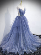 Blue V Neck Tulle Sequin Long Evening Prom Dress, Blue Tulle Evening Dress