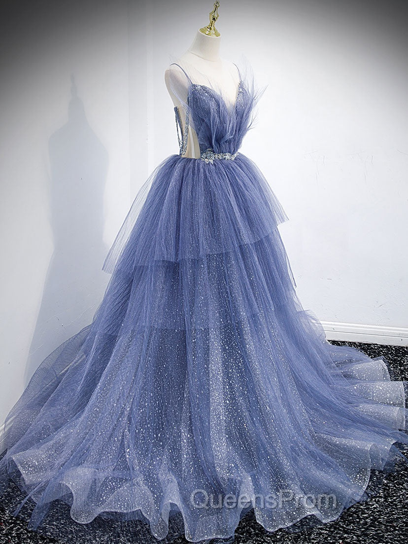 Blue V Neck Tulle Sequin Long Evening Prom Dress, Blue Tulle Evening Dress