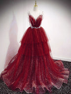 Blue V Neck Tulle Sequin Long Evening Prom Dress, Blue Tulle Evening Dress