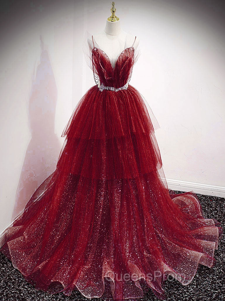 Blue V Neck Tulle Sequin Long Evening Prom Dress, Blue Tulle Evening Dress