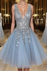 Blue v neck tulle sequin short Evening Prom Dress, blue homecoming Dress