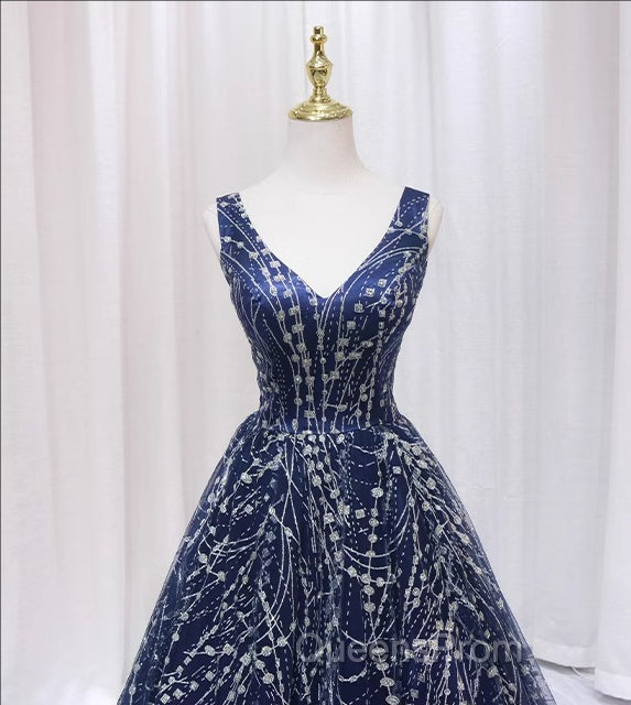 Blue V-neckline Lace Tulle Floor Length Party Dress, Blue Evening Prom Dress Evening Dress Secondary image