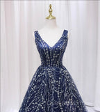 Blue V-neckline Lace Tulle Floor Length Party Dress, Blue Evening Prom Dress Evening Dress