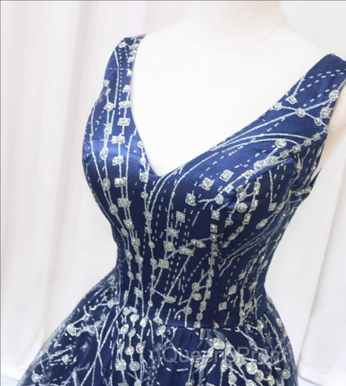 Blue V-neckline Lace Tulle Floor Length Party Dress, Blue Evening Prom Dress Evening Dress