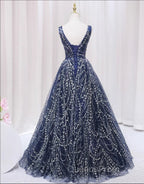 Blue V-neckline Lace Tulle Floor Length Party Dress, Blue Evening Prom Dress Evening Dress