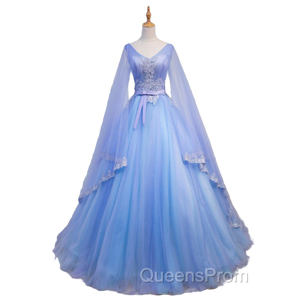 Blue V-neckline Evening Prom Dress with Long Sleeves, Lace Applique Party Dress For Teen Secondary image