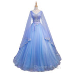 Blue V-neckline Evening Prom Dress with Long Sleeves, Lace Applique Party Dress For Teen