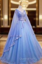 Blue V-neckline Evening Prom Dress with Long Sleeves, Lace Applique Party Dress For Teen