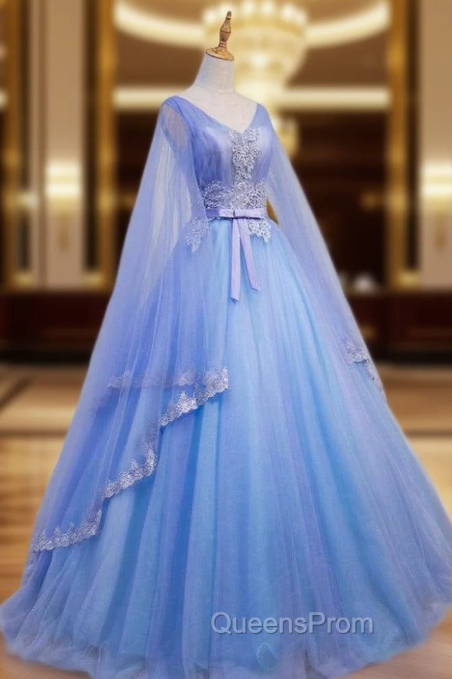 Blue V-neckline Evening Prom Dress with Long Sleeves, Lace Applique Party Dress For Teen