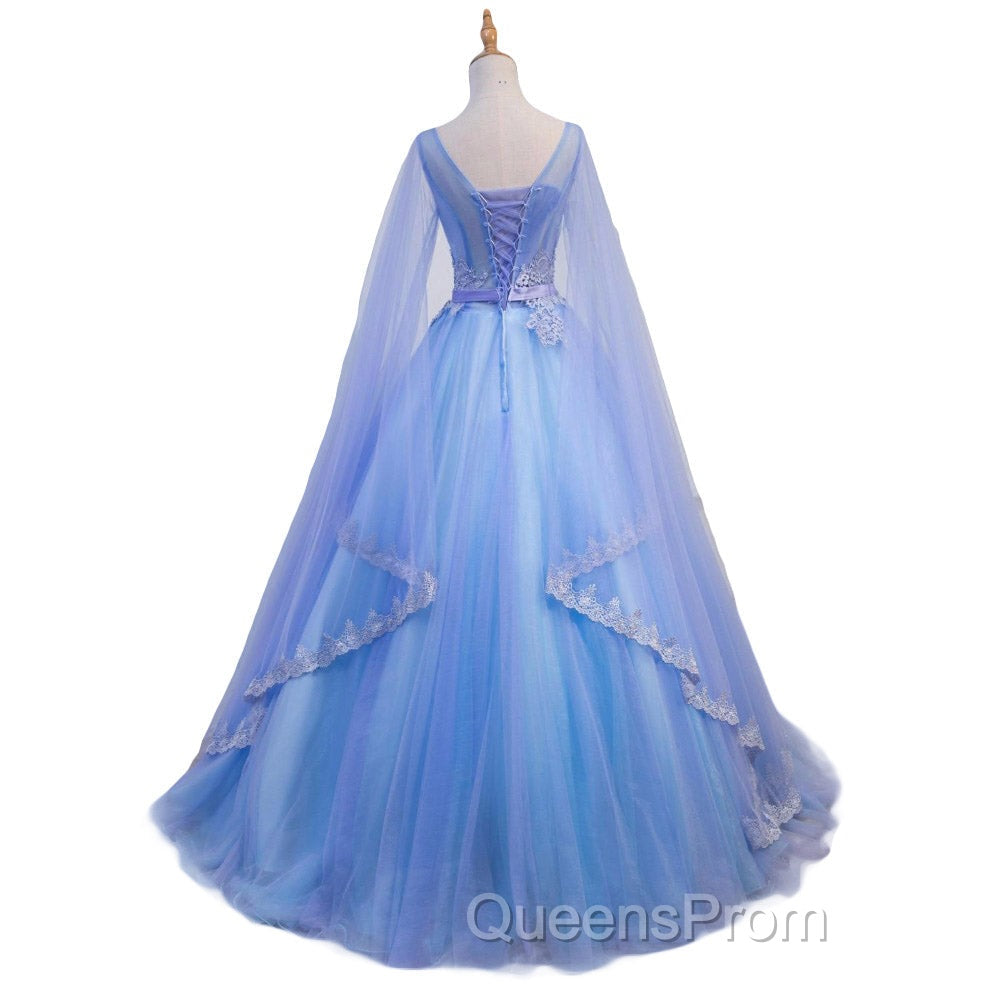 Blue V-neckline Evening Prom Dress with Long Sleeves, Lace Applique Party Dress For Teen