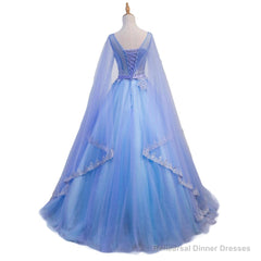 Blue V-neckline Prom Dress with Long Sleeves, Lace Applique Party Dress For Teen