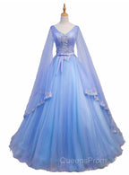 Blue V-neckline Evening Prom Dress with Long Sleeves, Lace Applique Party Dress For Teen