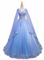Blue V-neckline Evening Prom Dress with Long Sleeves, Lace Applique Party Dress For Teen