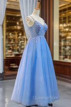 Blue V-neckline Tulle Beaded Long Straps Beaded Dress, Blue Fashionable Evening Dress Evening Prom Dress