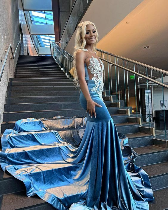 Blue Velvet Appliques Bead Meemaid Long Classy Prom Dress Classy Evening Dress