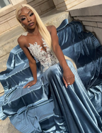 Blue Velvet Appliques Bead Meemaid Long Classy Prom Dress Classy Evening Dress