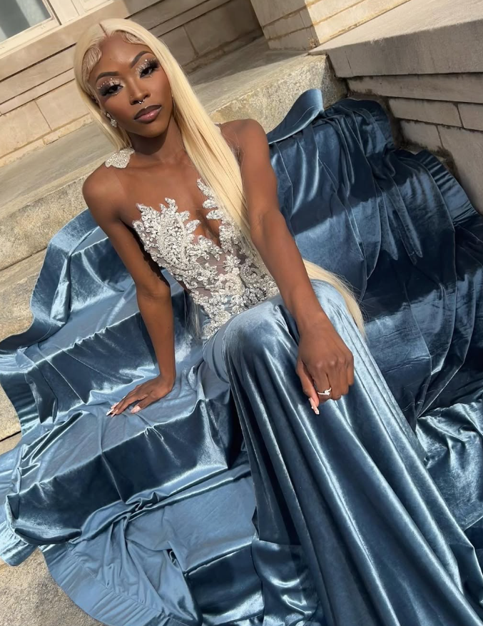 Blue Velvet Appliques Bead Meemaid Long Classy Prom Dress Classy Evening Dress