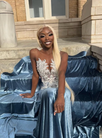 Blue Velvet Appliques Bead Meemaid Long Classy Prom Dress Classy Evening Dress