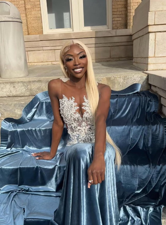 Blue Velvet Appliques Bead Meemaid Long Classy Prom Dress Classy Evening Dress