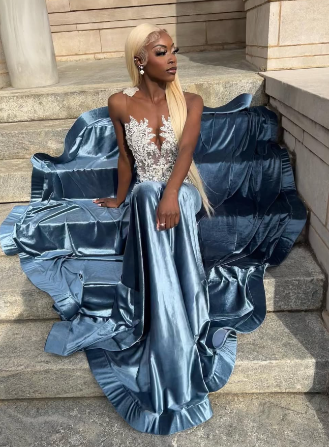 Blue Velvet Appliques Bead Meemaid Long Classy Prom Dress Classy Evening Dress