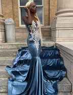 Blue Velvet Appliques Bead Meemaid Long Classy Prom Dress Classy Evening Dress