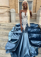 Blue Velvet Appliques Bead Meemaid Long Classy Prom Dress Classy Evening Dress