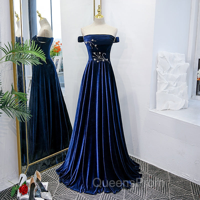 Blue Velvet Beaded Elegant Off Shoulder Evening Dress, Blue Long Evening Prom Dress Party Dress Secondary image