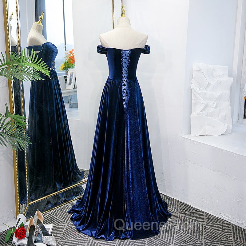 Blue Velvet Beaded Elegant Off Shoulder Evening Dress, Blue Long Evening Prom Dress Party Dress