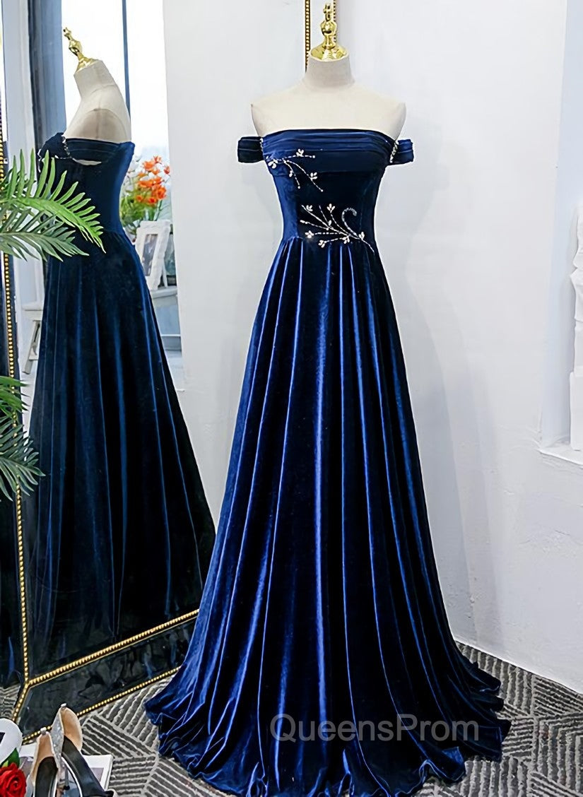Blue Velvet Beaded Elegant Off Shoulder Evening Dress, Blue Long Evening Prom Dress Party Dress Main image