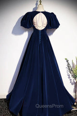 Blue Velvet Floor Length Evening Prom Dress, Elegant Short Sleeve Evening Party Dress